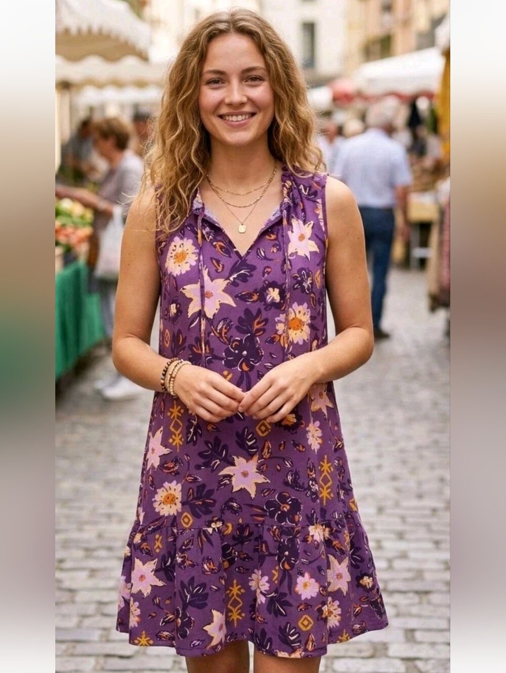 Sonoma Women's S Purple Floral Linen Blend Boho Sleeveless Tiered Dress Ties